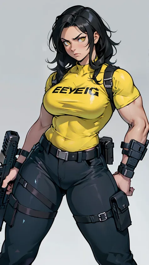 muscular girl thick black hair yellow eyes pale sad weapon holster thick breasts tactical gear tight pants tight shirt