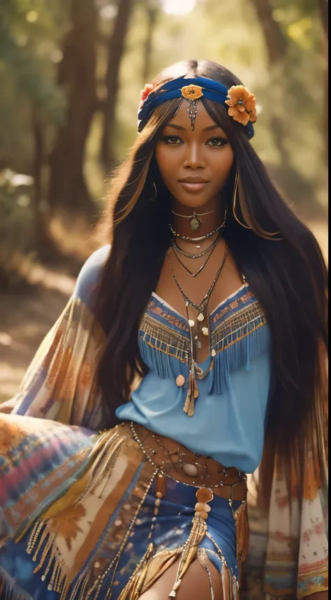 foto hiperrealista en primer plano de naomi campbell, dressed in a tie-dye blue blouse paired with blue skirt and fringe accesso...