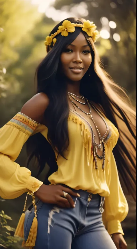 Foto hiperrealista en primer plano de Naomi Campbell, dressed in a tie-dye yellow yellow blouse paired with bell-bottom jeans and fringe accessories. She wears a headband or flower crown in her long, flowing hair. The setting is a bohemian-inspired outdoor...