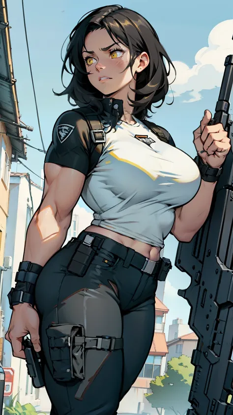 muscular girl thick black hair yellow eyes pale sad weapon holster thick breasts tactical gear tight pants tight shirt