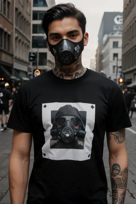 crie 10 homens&#39;s black streetwear t-shirts with gas mask print.