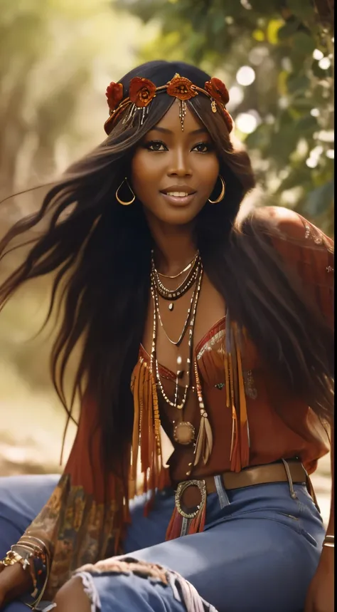 Foto hiperrealista en primer plano de Naomi Campbell, dressed in a tie-dye hot red red blouse paired with bell-bottom jeans and fringe accessories. She wears a headband or flower crown in her long, flowing hair. The setting is a bohemian-inspired outdoor m...