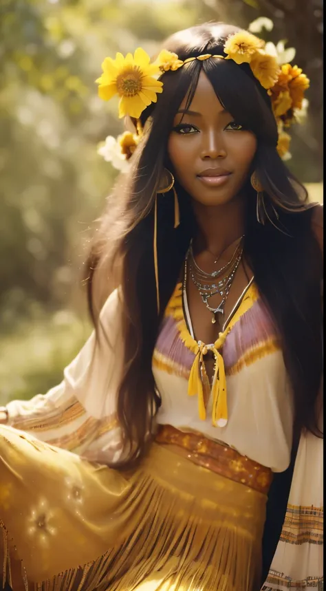 Foto hiperrealista en primer plano de Naomi Campbell, dressed in a tie-dye yellow yellow blouse paired with yellow yellow long skirt and fringe accessories. She wears a headband or flower crown in her long, flowing hair. The setting is a bohemian-inspired ...