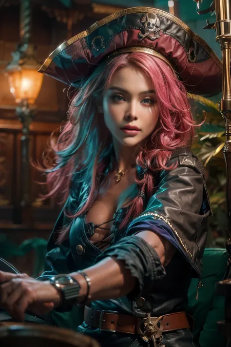 beautiful pirate queen on her ship,full body,braided pink hair,leather hat with skull drawing,blue eyes,pirate ships,sea,sunrise...