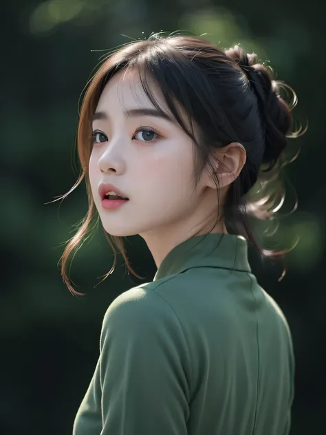 (8K, High resolution, highest quality, masterpiece:1.2)、1 Japanese girl, cute, healthy, natural makeup, Open your mouth and say something, The background is dark green and monotone.. look away