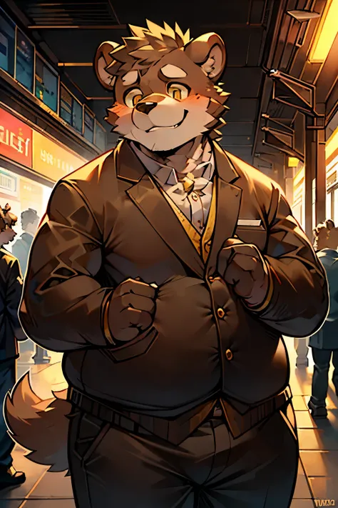 the only person，hairy male，hairy body，exhibit，Bear，brown fur，yellow cat eyes，Handsome，Full body female love，City，on the street，Smile，Squeeze the subway，Fat Chubby，