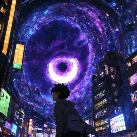 Hombre cayendo en un agujero negro, ojos cerrados, animado, frente a tokio del espacio y edificios en ventanas ultrarrealistas por la noche en tokio, cara detallada, expresiones perfectas, detalles intrincados, muy detallado, Tonos morados,8k,Ultra High De...