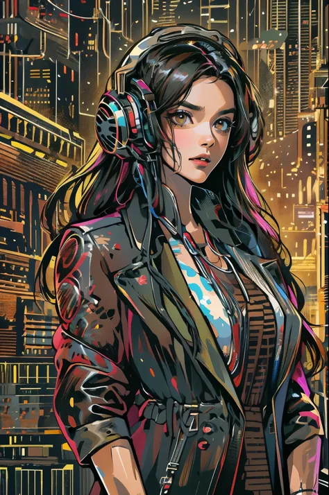 (absurdres, highres, ultra detailed, realistic, ), 1 18 year-old，girl, solo, elegance， long black hair, suits,brown eyes,  (headphone)，cyberpunk city background, ultra - detailed, best quality, Detailed diagram, vectorized, 8K,  Graphic design, vector line...