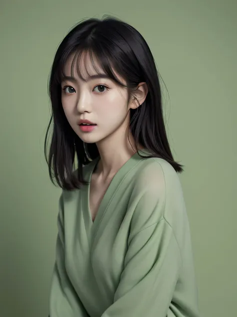 (8K, High resolution, highest quality, masterpiece:1.2)、1 Japanese girl, cute, healthy, natural makeup, Open your mouth and say something, The background is dark green and monotone.. look away