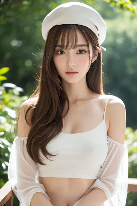 (Best Quality, masutepiece, Ultra HD: 1.3), 1girl in, middlebreasts, light brown hair, Blunt bangs, hair behind ear, hair over shoulder, Long hair, slender body shape, Ultra Fine Face, Delicate lips, Beautiful eyes, thin blush, eyes are light brown, perfec...