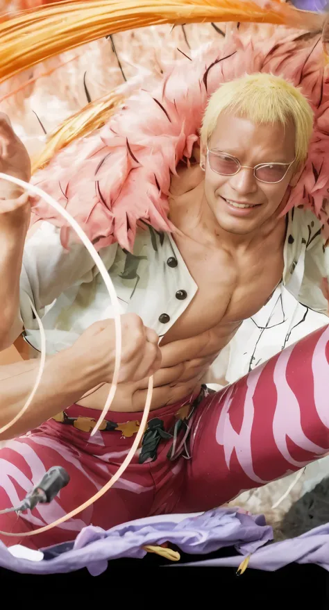 (masterpiece), (realistic), (ultra detailed), ( high reest quality), (photorealistic), (perfect face), (perfect anatomy), man, male, solo, (((25 years old))), donquixote doflaminho from one piece, donquixote doflamingo, one piece, yellow hair, short hair, ...