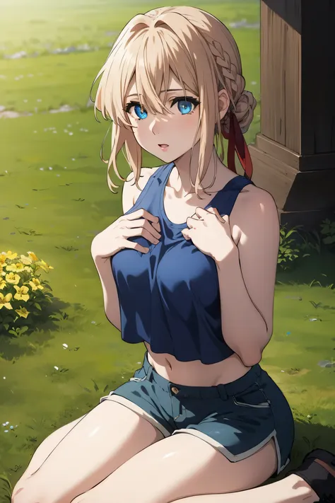 violet evergarden, braid, hair ribbon, red ribbon, jewelry,
break (blue tank top and shorts:1.2),
break wariza, hand on own ches...