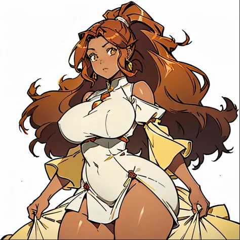 ((masterpiece,best quality)), Brown skin, yellow eyes, long red hair, big breasts, big hips, hair between eyes, hair flares out, 1girl, solo, brown-skinned female, red-haired female, front view, plump thighs, ponytail, dress