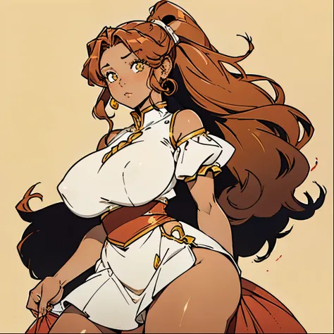 ((masterpiece,best quality)), Brown skin, yellow eyes, long red hair, big breasts, big hips, hair between eyes, hair flares out, 1girl, solo, brown-skinned female, red-haired female, front view, plump thighs, ponytail, dress