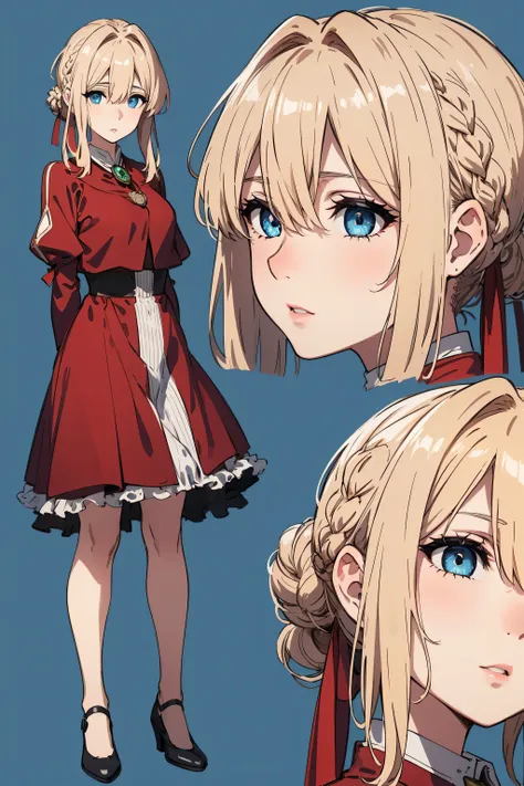 violet evergarden, braid, hair ribbon, red ribbon, jewelry,
break (red dress:1.2),
break (multiple views:1.5),from behind,from_f...