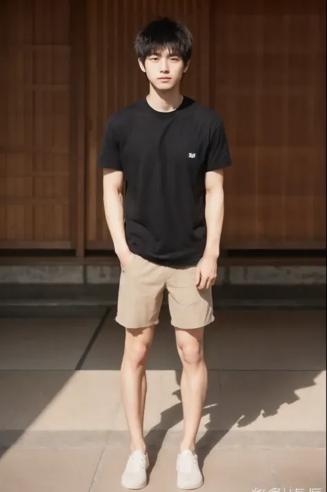 (super sharp focus), (((hairy legs))), hairy legs, toned legs, whole body, two block, messy shortt hair, long legs, Japan Male, 27 years old, wearing beige shorts, wearing a black T-shirt, very short hair, black hair