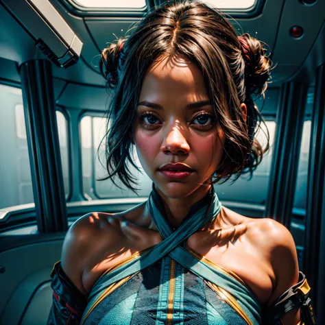((Zoe Saldana guckt neugierig)), ((she has round breasts)), ((Startrek)), (ds9st uniform), ((Uniform-Hose)), ((white tank top)), (sie steht in ihrer Kabine auf der Enterprise), "Suit Startrek Outfits" , (kleiner Kopf), ((detailliertes Gesicht)), Weiches fi...