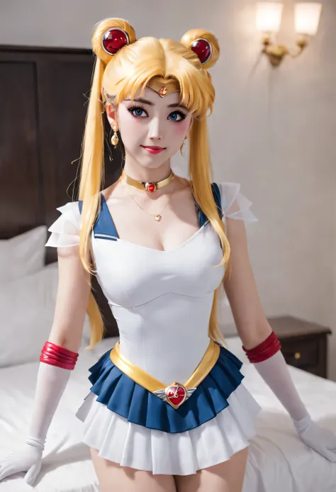 best quality, super detailed, (1 girl, alone,super sailor moon, twice as good, double tail, ring, earrings, collar, bow, gloves,...