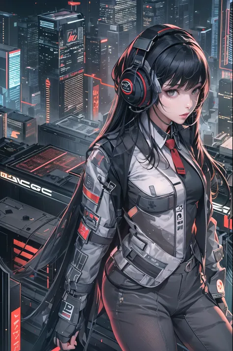 (absurdres, highres, ultra detailed, realistic, ), 1 18 year-old，girl, solo, elegance， long black hair, suits,brown eyes,  (headphone)，cyberpunk city background, ultra - detailed, best quality, Detailed diagram, vectorized, 8K,  Graphic design, vector line...