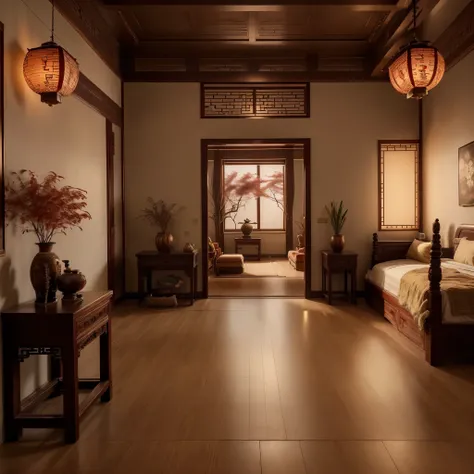 a traditional chinese bedroom with antique wooden furniture, delicate carvings, and soft lighting, featuring ancient-style doors...