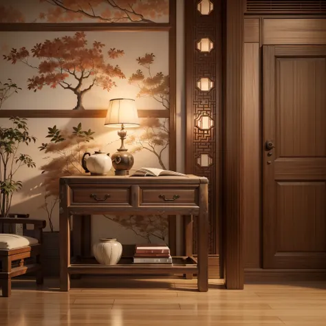 a traditional chinese bedroom with antique wooden furniture, delicate carvings, and soft lighting, featuring ancient-style doors...