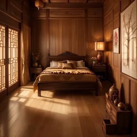 a traditional chinese bedroom with antique wooden furniture, delicate carvings, and soft lighting, featuring ancient-style doors...