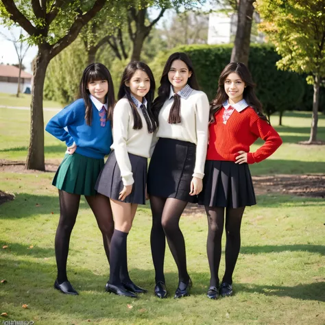 Foto CRU, harem of girls, jovem, 11 anos, magro, Lindo, usando coleiras, knit tights and short skirt with cropped blouses or sweater dresses, fora do ombro, jovens meninas de 11 anos brincando umas com as outras na cama,