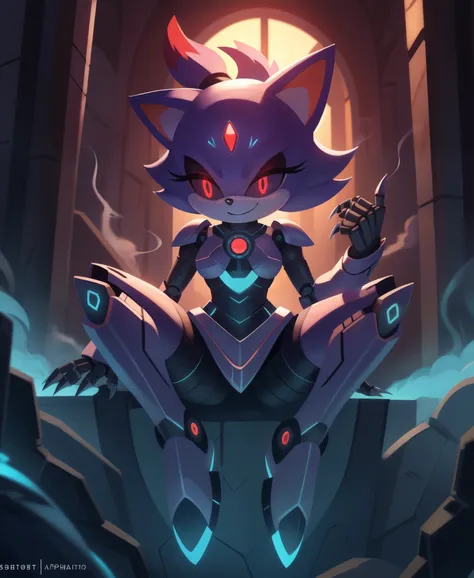 blaze the cat from sonic the hedgehog, glowing red eyes, wispy hair, pillars of smoke, made out of smoke, ghost-like, demonic appearance, holding a small teal glowing metal square in her hand, smiling evilly, malicious look, swirling cloudy misty backgroun...