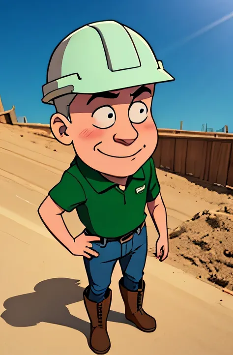 a single cartoon man, 2d, with italian features, standing by himself, green construction hard hat, solid circle eyes, light smile, ear blush, handsome man, professional, bright green polo shirt, boots, jeans, drop shadow, anaglyph, stereogram, pov, atmosph...