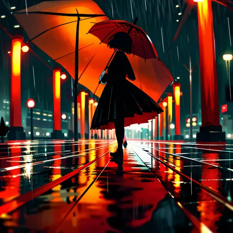 Dark rainy night，There&#39;s only one person walking down the street，slightly reflective ground，The person behind the umbrella walked alone，8K，top detail