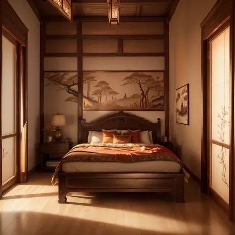 A traditional Chinese bedroom with antique wooden furniture, delicate carvings, and soft lighting, featuring ancient-style doors and elegant window coverings, ornate zither quietly placed in the corner, ink paintings hanging on the wall, exquisite jade car...