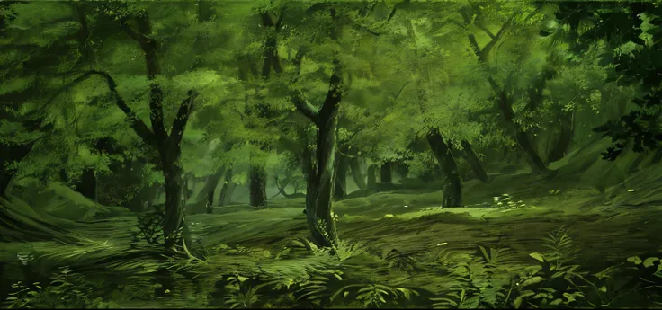 forest, greening, Background Ghibli style jungle, trees, rock, Cut down trees, Yellow light, Grass, Wu Xiu Ji 16k) , actual, complex detail, automatic leveling, dark, Art Nouveau, dramatic, desaturate, (Broad), complex, Detailed leaves, sharpen