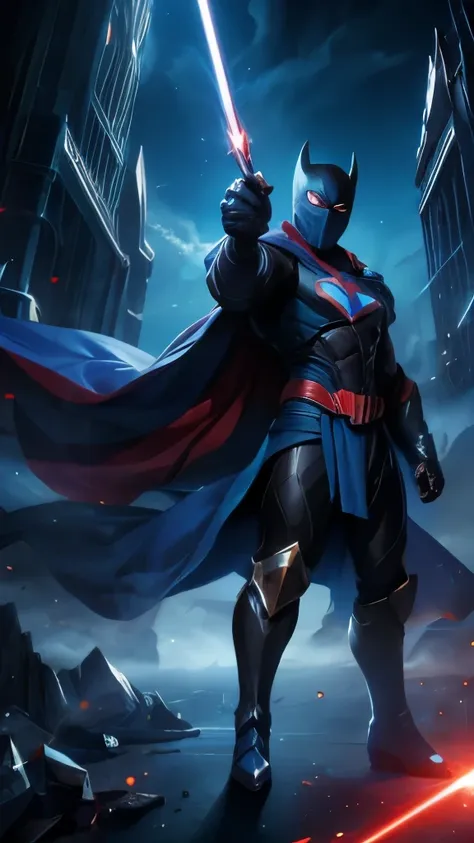 superheroe, blue cape, flying, clouds, blue laser, high detail, pointing with finger, black boots, full body, eyes mask