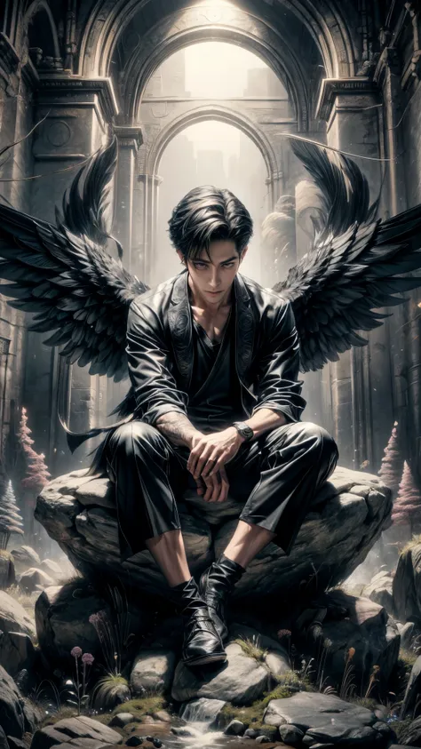 anime - style illustration of a man with wings sitting on a rock, winged boy, 4 k manga wallpaper, winged human, 4k anime wallpa...