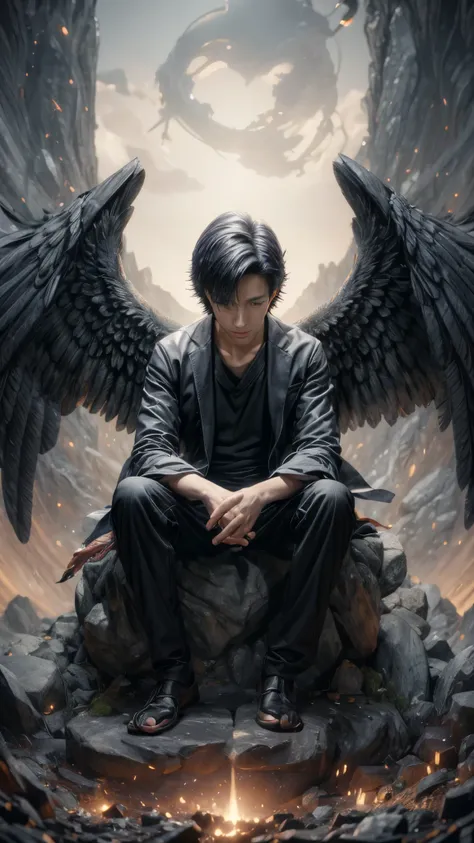 style illustration of a man with wings sitting on a rock, winged boy, 4 k manga wallpaper, winged human, 4k anime wallpaper, bla...