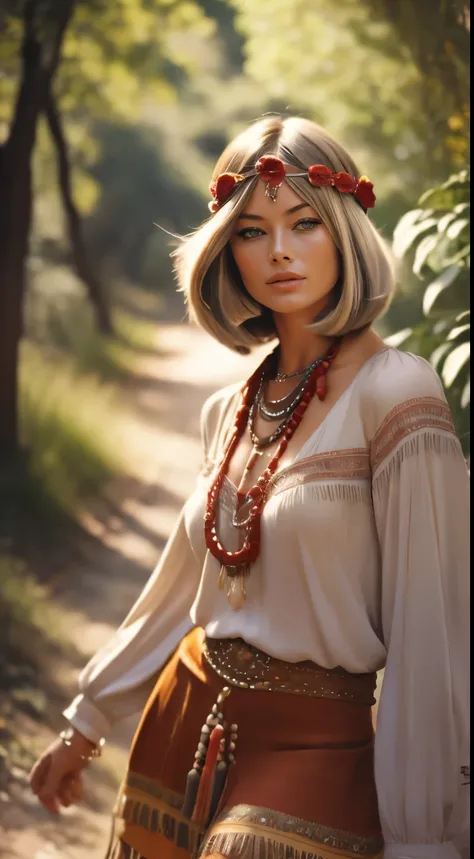 RAW photo of 50 years old Doutzen Kroes, dressed in red peasant blouse paired with red skirt and fringe accessories. She wears a headband or flower crown in her long, flowing hair. The setting is a bohemian-inspired outdoor music festival or a peaceful nat...