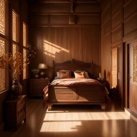 A traditional Chinese bedroom with antique wooden furniture, delicate carvings, and soft lighting, featuring ancient-style doors and elegant window coverings, ornate zither quietly placed in the corner, ink paintings hanging on the wall, exquisite jade car...