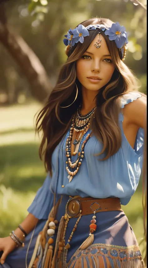 foto hiperrealista en primer plano de kate beckinsale, dressed in blue peasant blouse paired with blue skirt and fringe accessor...