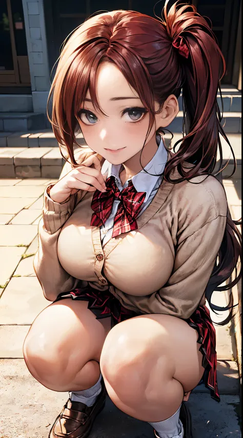 (masterpiece:1.2, top-quality), (realistic, photorealistic:1.4), beautiful illustration, NSFW, 
looking at viewer, cowboy shot, front view:0.8, 
1 girl, japanese, high school girl, light brown hair, (long hair:1.8), (side ponytail:1.7), bangs, hair between...