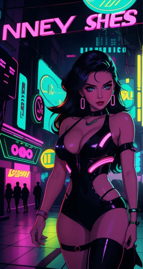 Perfect eyes Description: Create an exciting scene, combining nostalgic retrowave style with a futuristic cyberpunk aesthetic in a vibrant and inviting nightclub setting.  The main attention should be paid to the image of the most beautiful girl, combining...