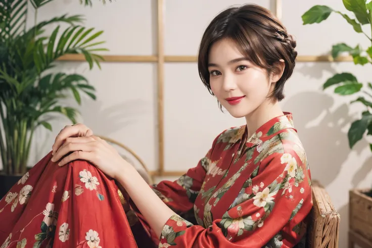 149
(20 year old woman,floral print outfit,pants), (Super realistic), (high resolution), ((beautiful hairstyle 46)), ((short hair:1.46)), (gentle smile), (brest:1.1), (lipstick)
