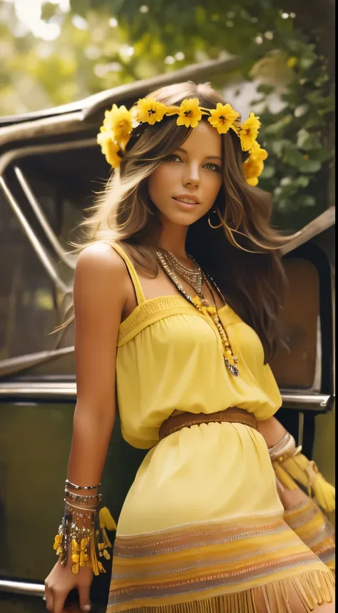 Foto hiperrealista en primer plano de Kate Beckinsale, dressed in yellow yellow peasant blouse paired with yellow yellow skirt and fringe accessories. She wears a headband or flower crown in her long, flowing hair. The setting is a bohemian-inspired outdoo...