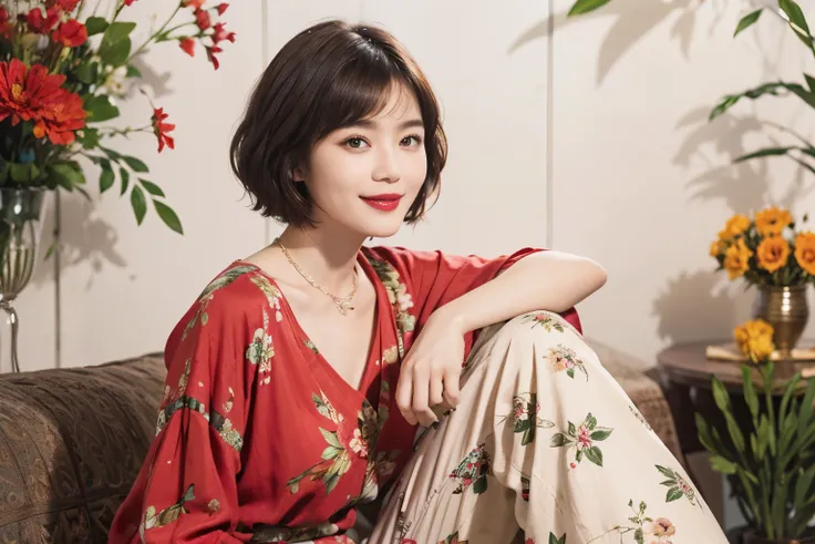 149
(20 year old woman,floral print outfit,pants), (Super realistic), (high resolution), ((beautiful hairstyle 46)), ((short hair:1.46)), (gentle smile), (brest:1.1), (lipstick)
