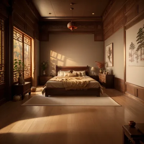 a traditional chinese bedroom with antique wooden furniture, delicate carvings, and soft lighting, featuring ancient-style doors...