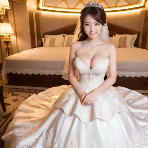 (table top、highest quality、8K、very detailed and intricate details、The most complex and detailed textures、ultra high resolution)、(very young girl in a wedding dress:1.25)、(Big breasts that are about to burst:1.25)、(bride&#39;upper body photo:1.1)、perfect ga...