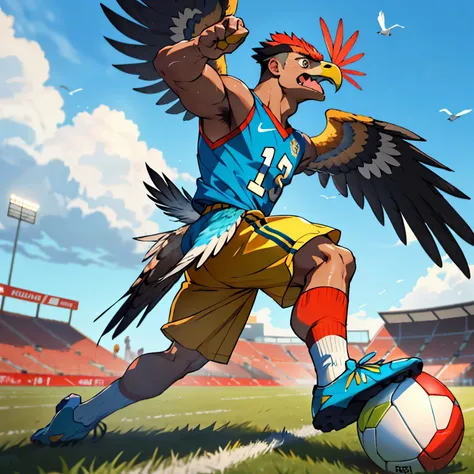 Cinematic Still of a Bird-Hawk Mascot Playing Football:
(Best Quality, 4k, 8K, high resolution, Masterpiece: 1.2), Bird-hawk mascot, wearing an Indonesian national team football shirt, sleeveless and vibrant colors, beaked head with feathers ruffling in th...