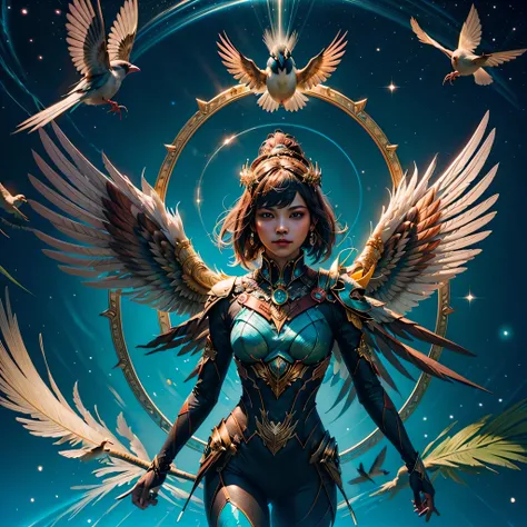 Galaxy Stars Nebulae Nebula sunrise epic sunset sunshine epic Bird Sparrow ((Gorgeous Bird Sparrow_bird_with_open_wings flying cherry_blossom wings_spread_upwards surmounted wings surrounded intertwined feather)) unrealengine5 ultra Cinamatic_Sunlight "Spa...
