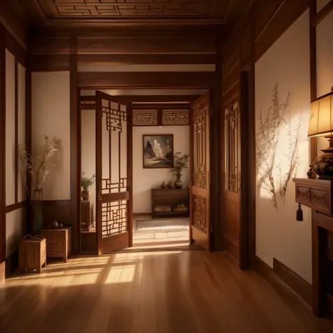 a traditional chinese bedroom with antique wooden furniture, delicate carvings, and soft lighting, featuring ancient-style doors...