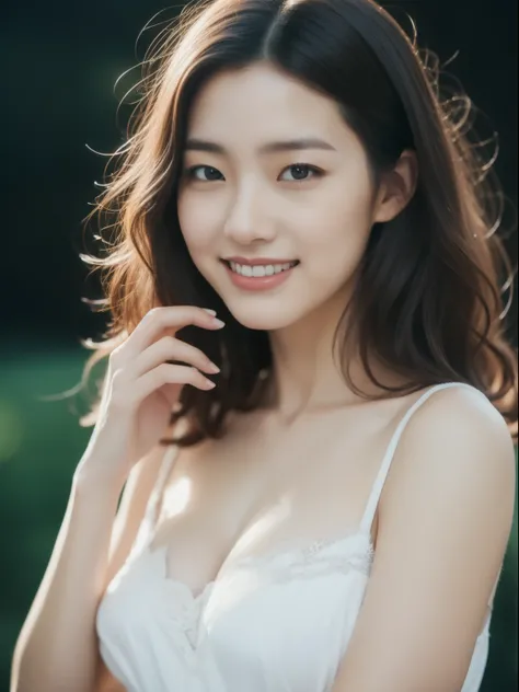 beautiful 25 year old woman。She is wearing a tight camisole of white satin fabric。White lace on chest and hem.。sweet smile。her dark brown hair、、her hair is long and curly。she has one hand on her chest.　High resolution、masterpiece、highest quality、head w:1.4...