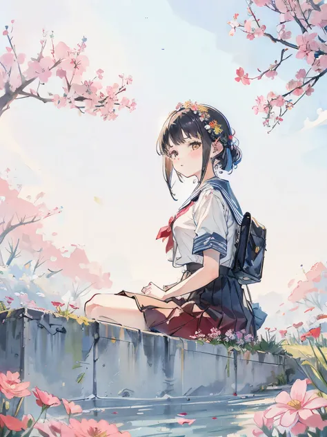 girl sitting in front of a flowerbed、sailor suit、Perspective from flowers、shooting from below、In the skirt